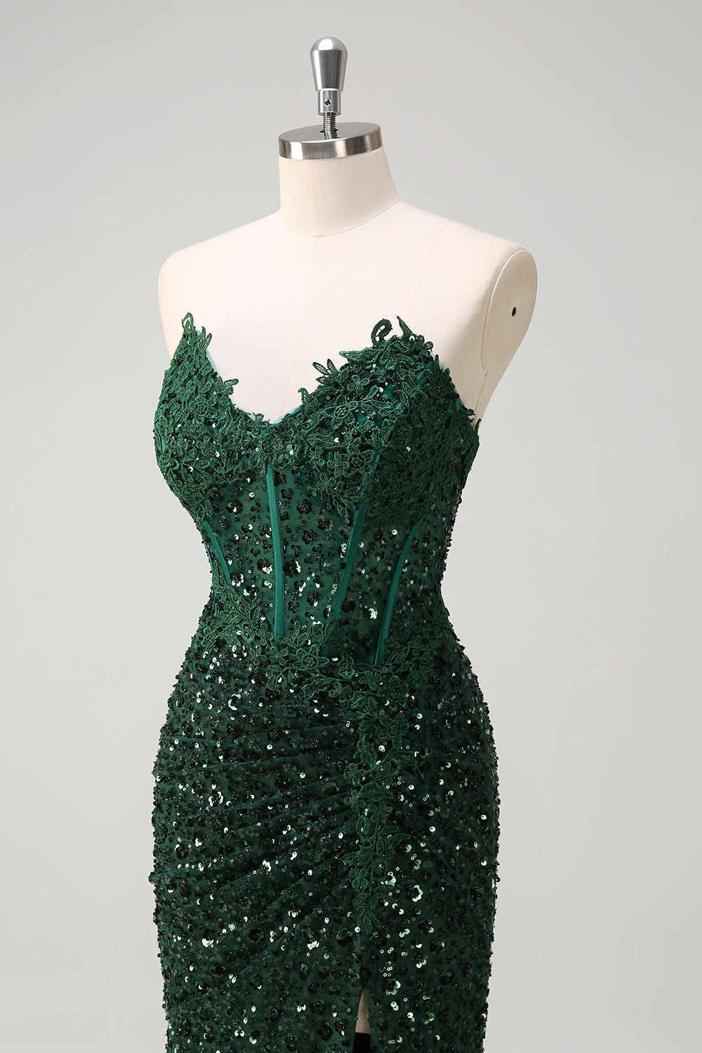 Robe de bal fendue sirène étincelante vert foncé à paillettes et corset en dentelle