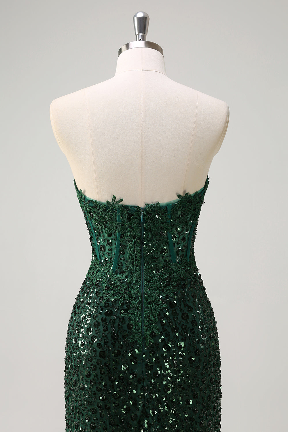 Robe de bal fendue sirène étincelante vert foncé à paillettes et corset en dentelle
