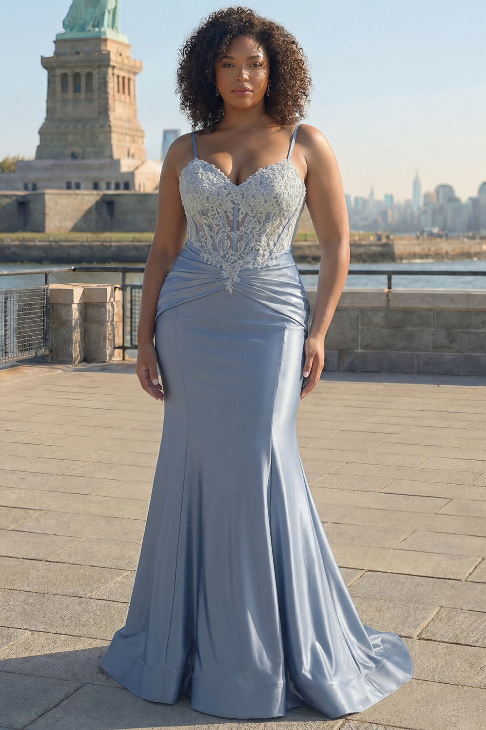 Blue Mermaid Spaghetti Straps Corset Appliqued Prom Dress