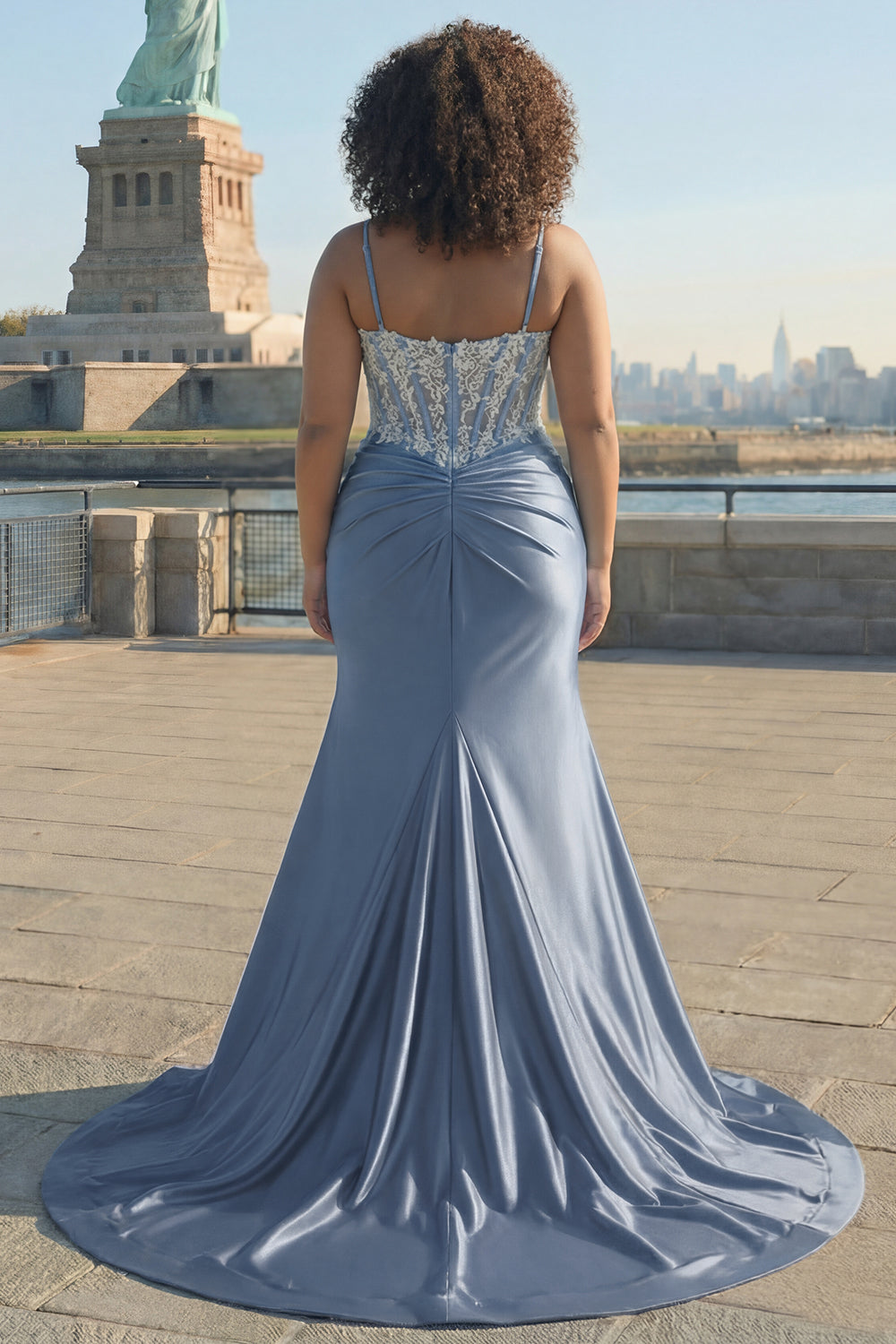 Blue Mermaid Spaghetti Straps Corset Appliqued Prom Dress