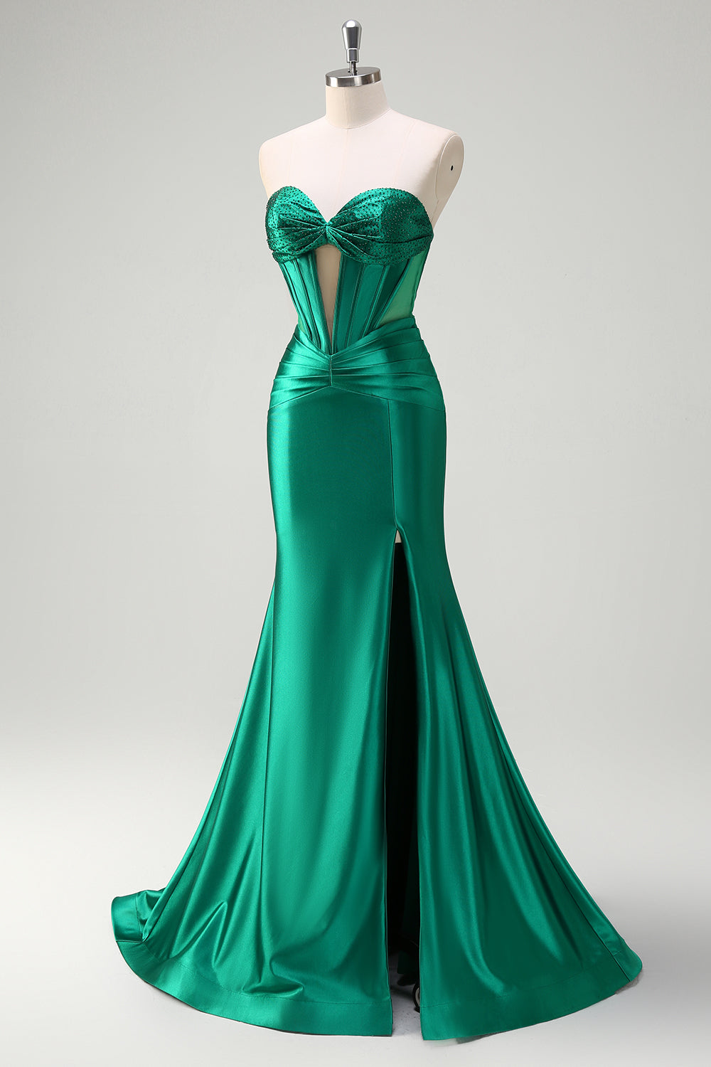 Sparkly Sage Mermaid Strapless Beaded Corset Ruched Satin Prom Dress with Slit