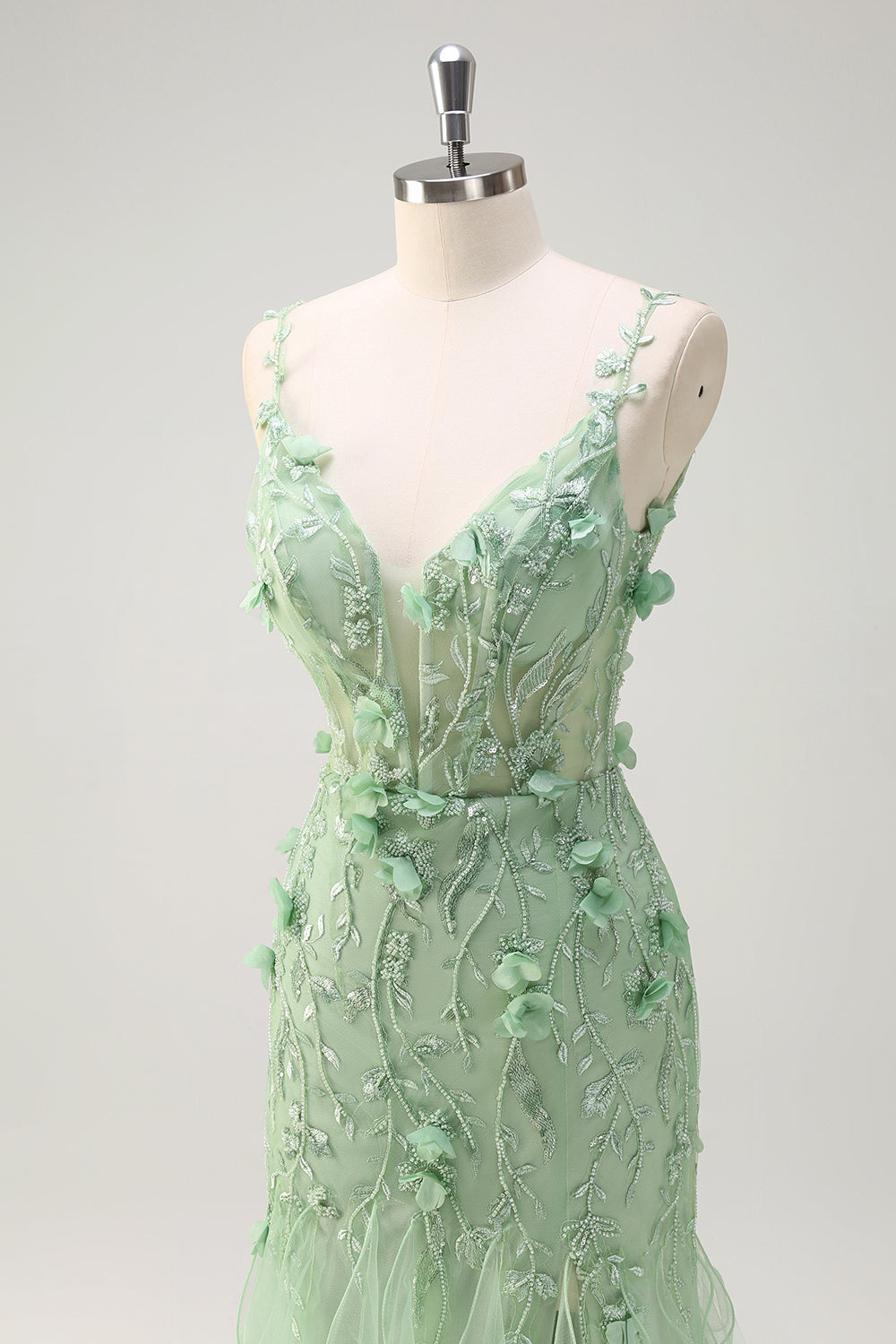 Green Mermaid Spaghetti Straps 3D Flowers Long Prom Dress with Slit