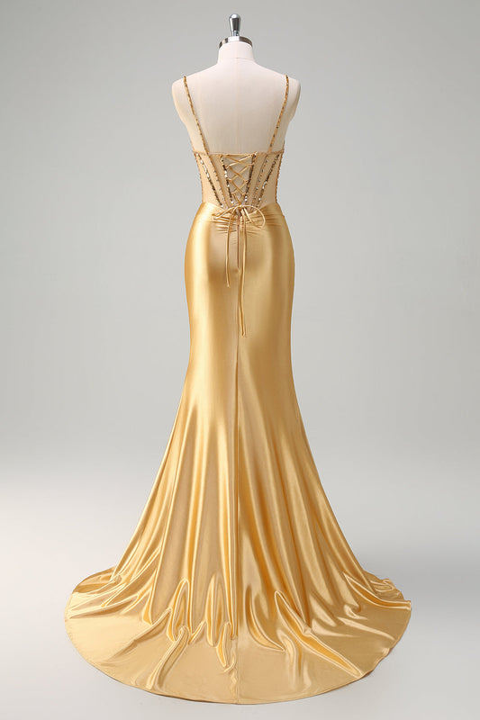 Robe longue de bal à corset doré scintillant de style sirène, avec fines bretelles et fente