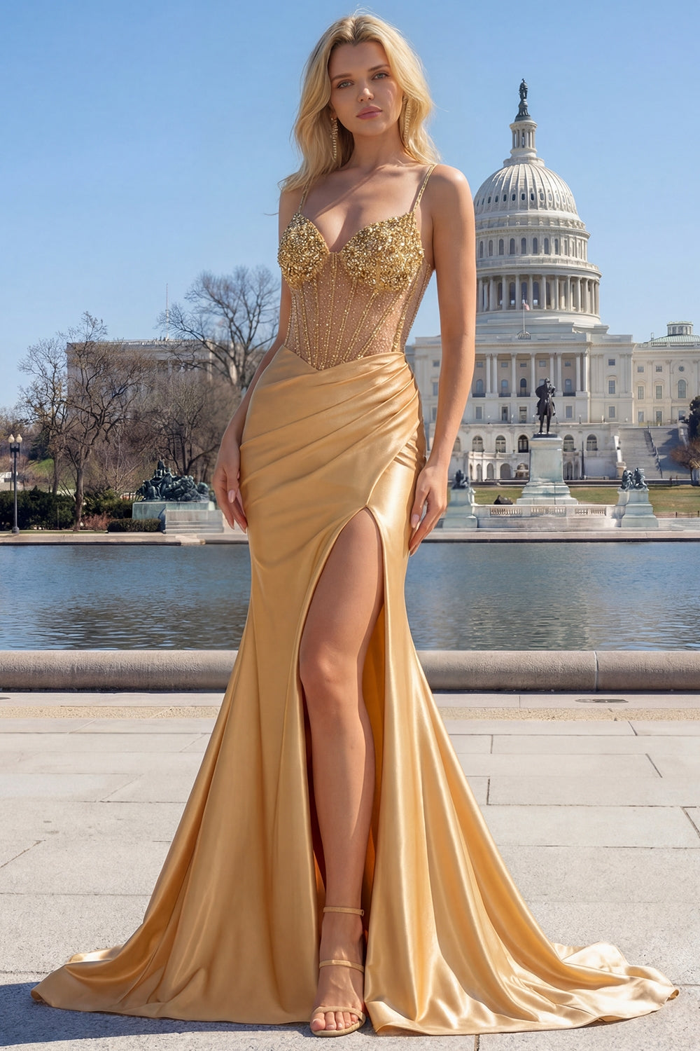 Sparkly Golden Mermaid Spaghetti Straps Corset Long Prom Dress with Slit