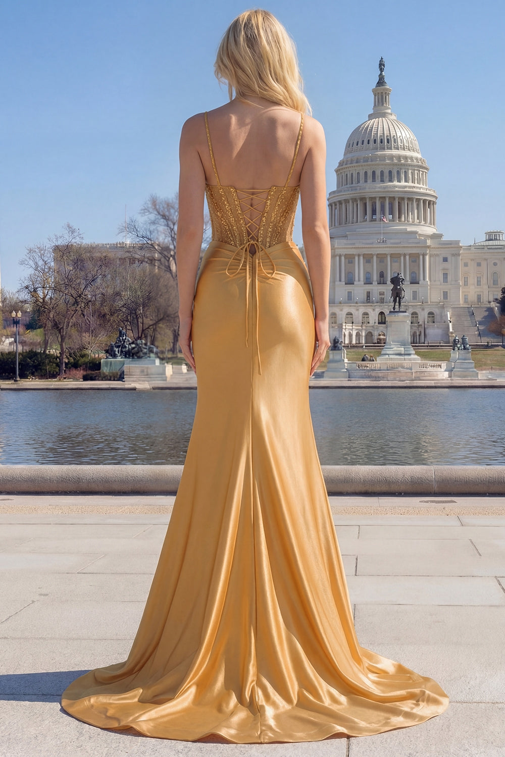 Sparkly Golden Mermaid Spaghetti Straps Corset Long Prom Dress with Slit