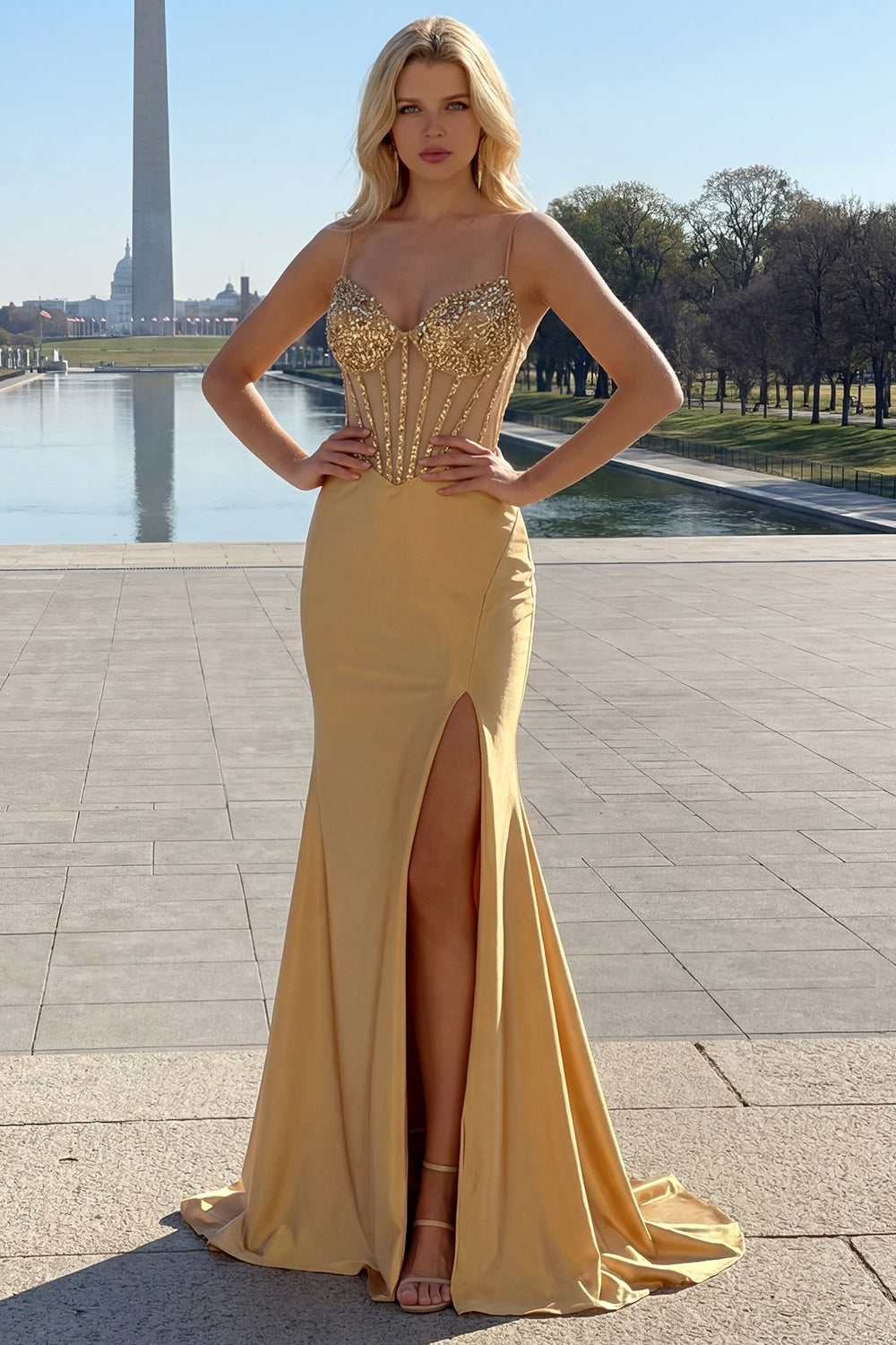 Sparkly Golden Mermaid Spaghetti Straps Corset Long Prom Dress with Slit