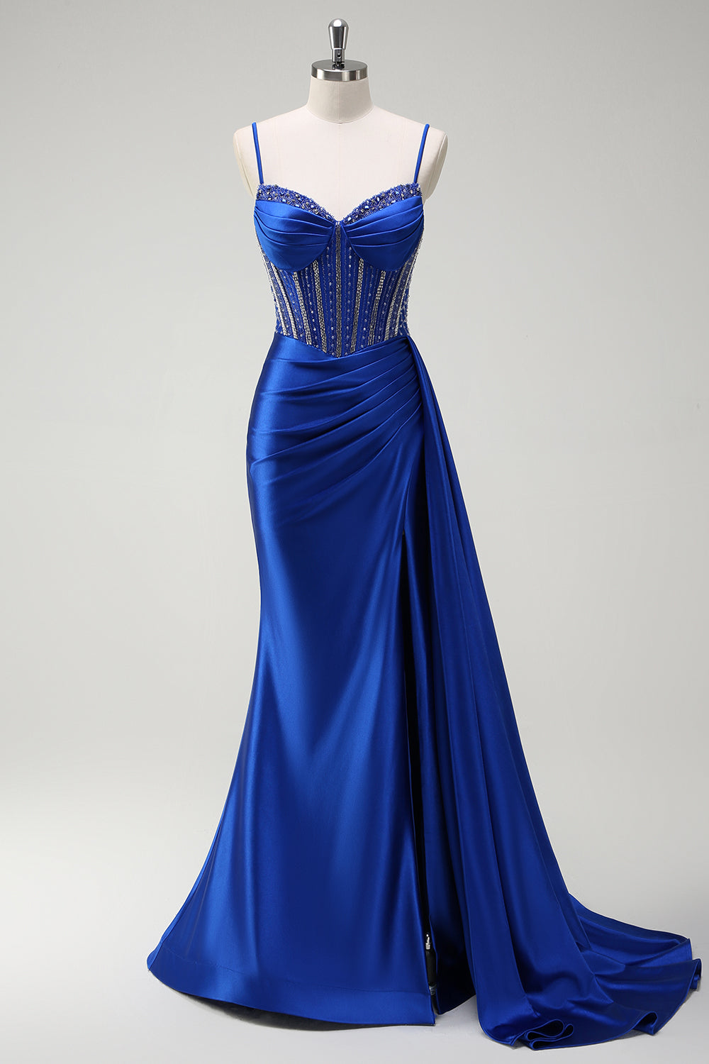 Robe longue de bal en satin plissée avec corset perlé sirène violet scintillant et fente