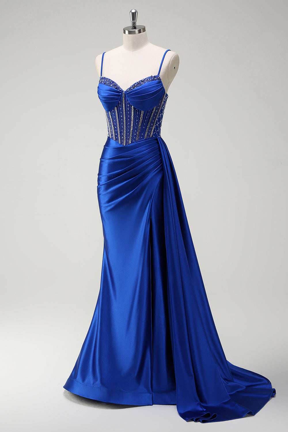 Robe longue de bal en satin plissée avec corset perlé sirène violet scintillant et fente