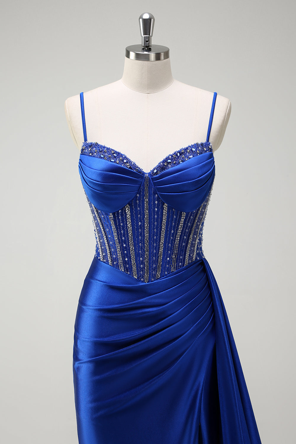 Robe longue de bal en satin plissée avec corset perlé sirène violet scintillant et fente