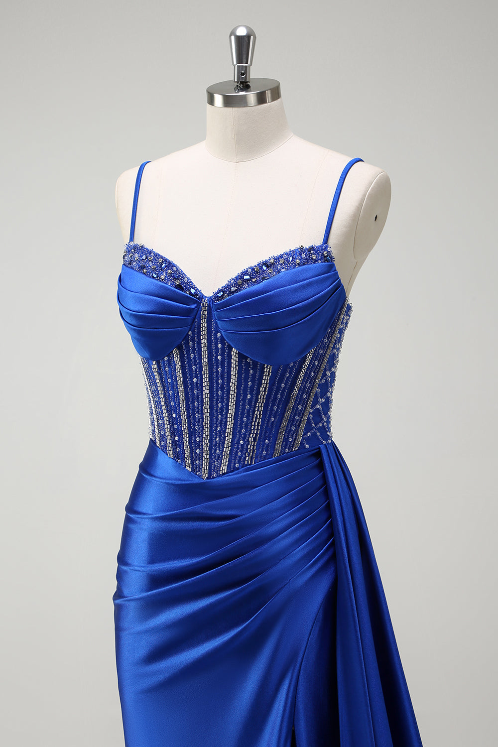Robe longue de bal en satin plissée avec corset perlé sirène violet scintillant et fente