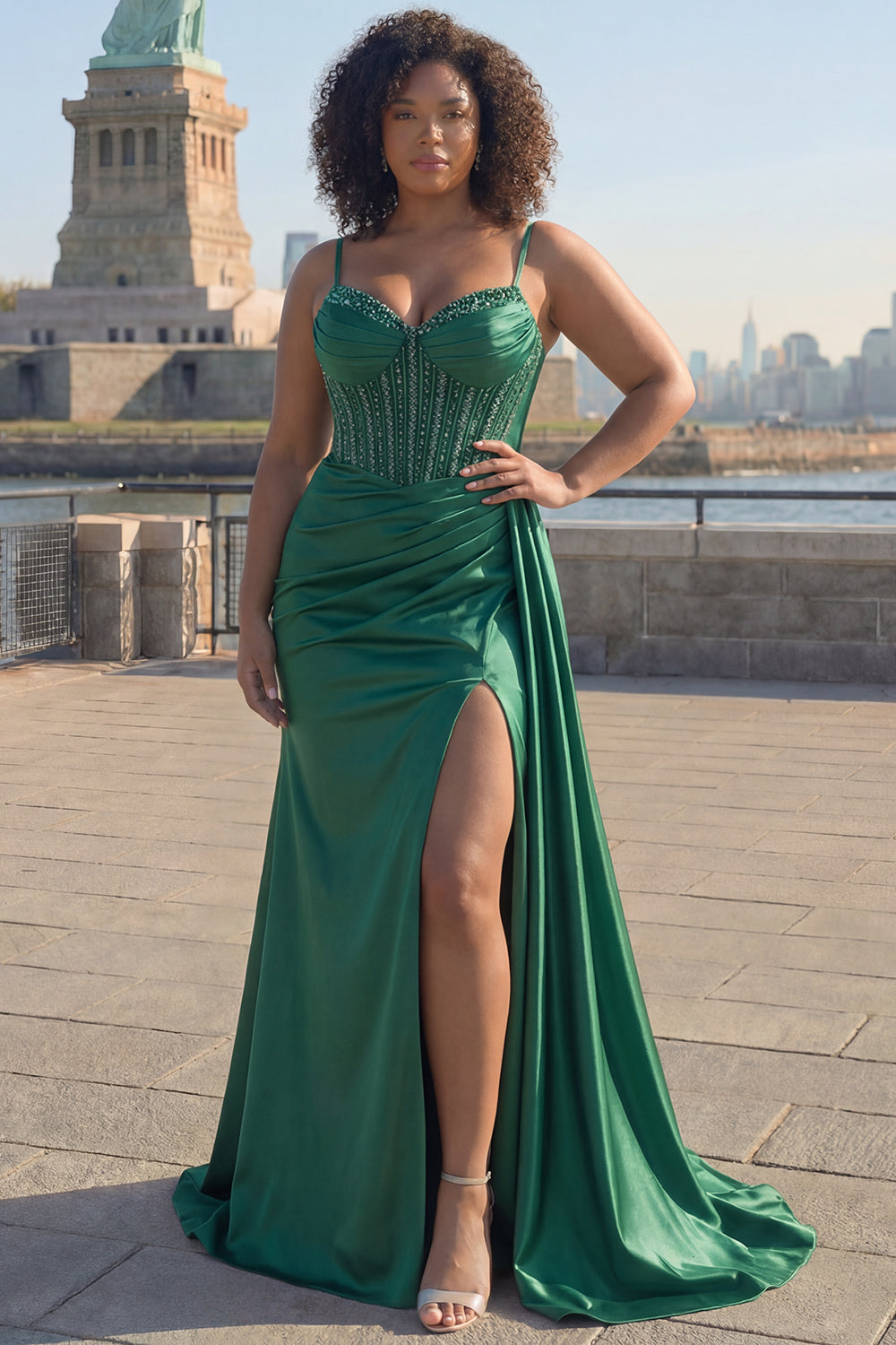 Robe longue de bal en satin plissée avec corset perlé sirène violet scintillant et fente