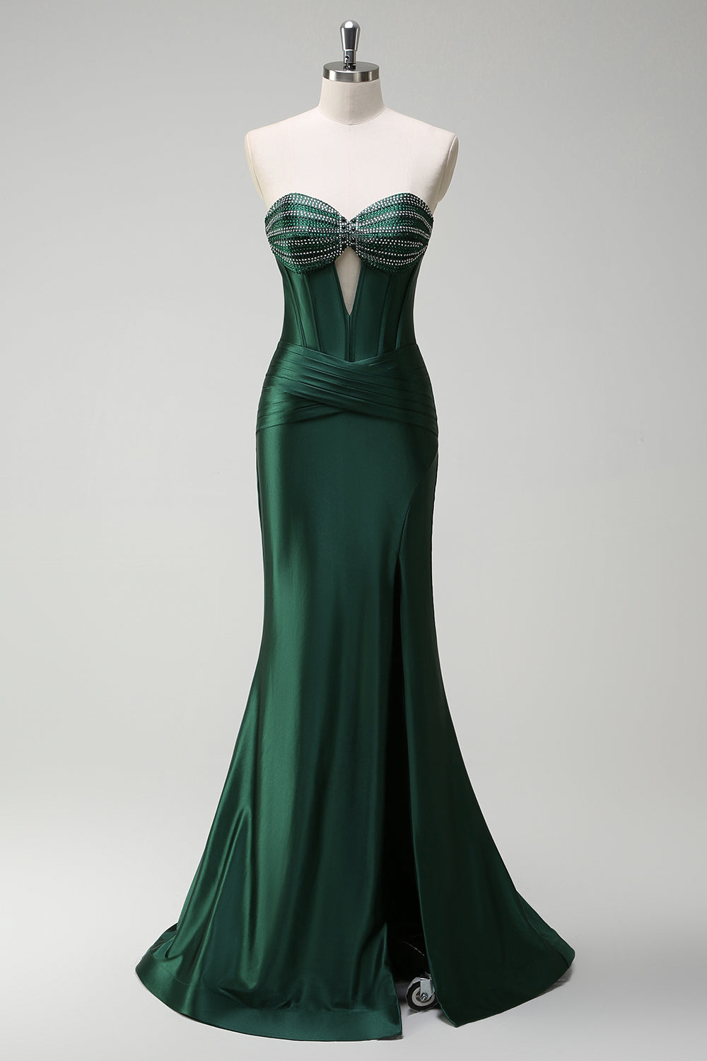 Robe de bal longue en satin bleu roi scintillant avec bustier orné de perles de sirène et fente