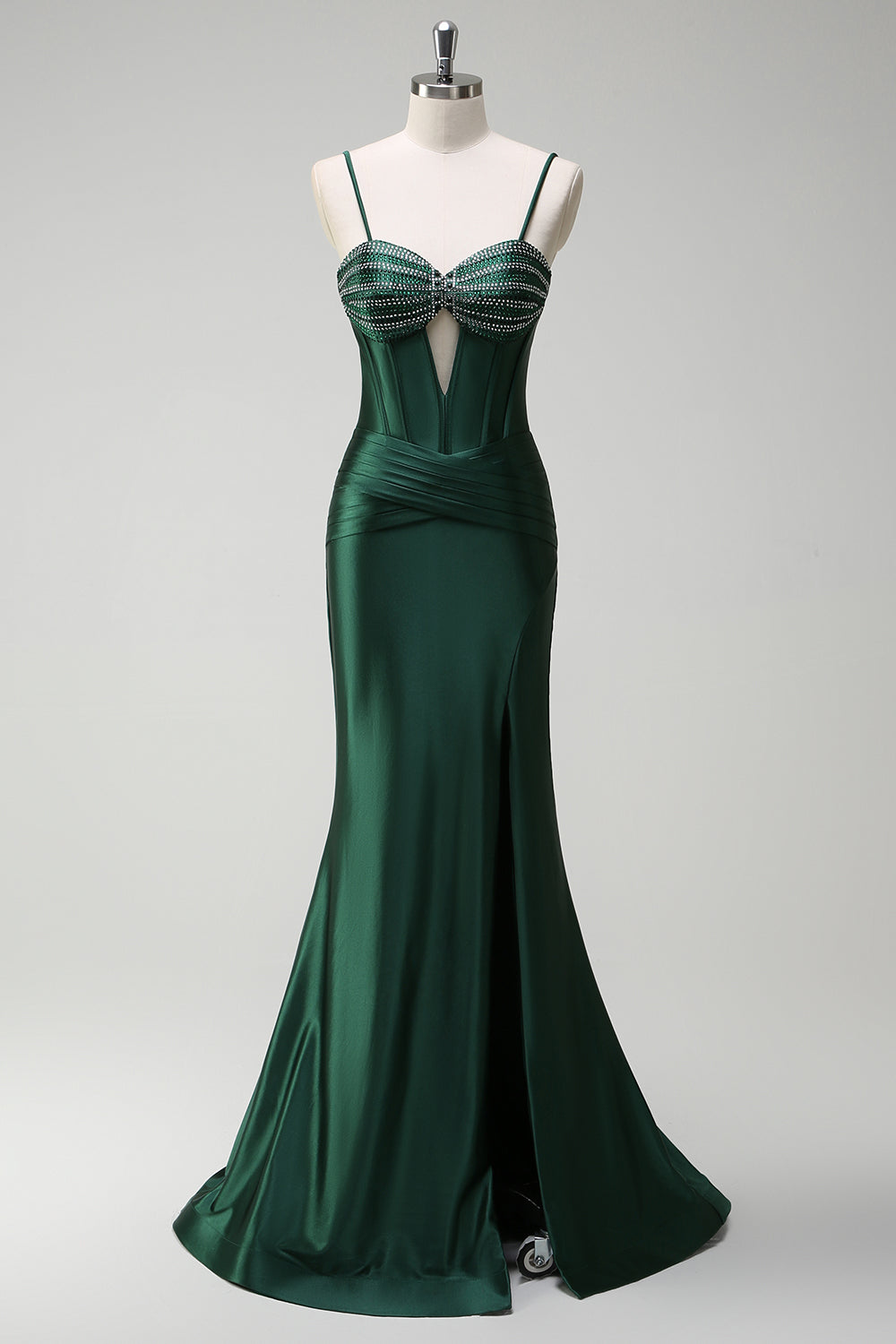 Robe de bal longue en satin bleu roi scintillant avec bustier orné de perles de sirène et fente