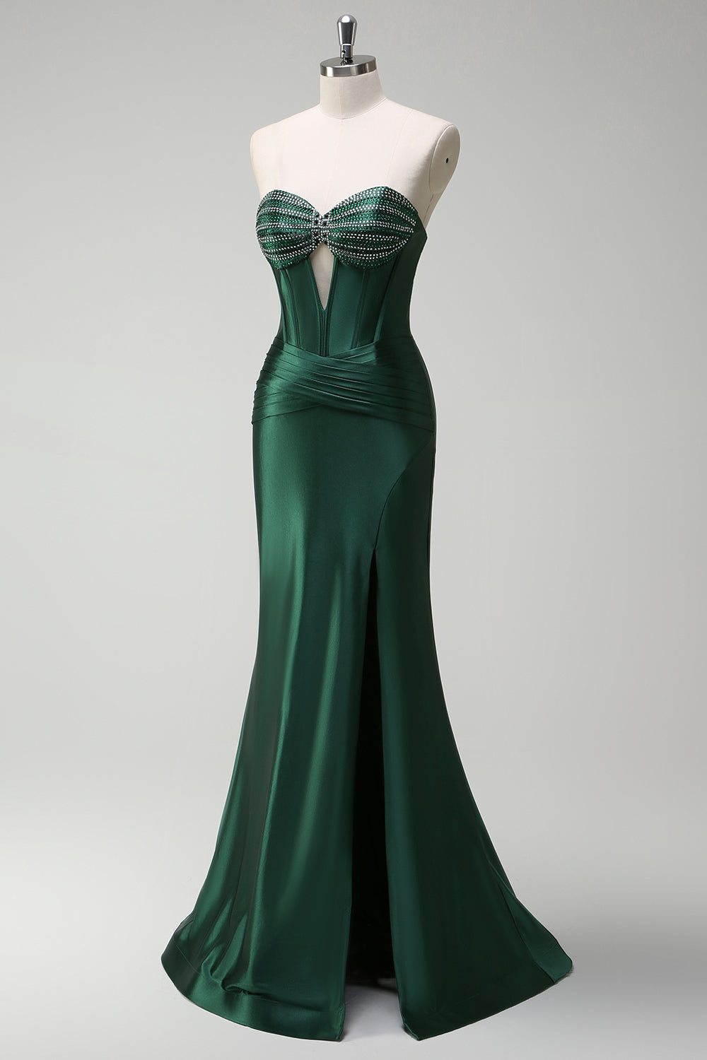 Robe de bal longue en satin bleu roi scintillant avec bustier orné de perles de sirène et fente