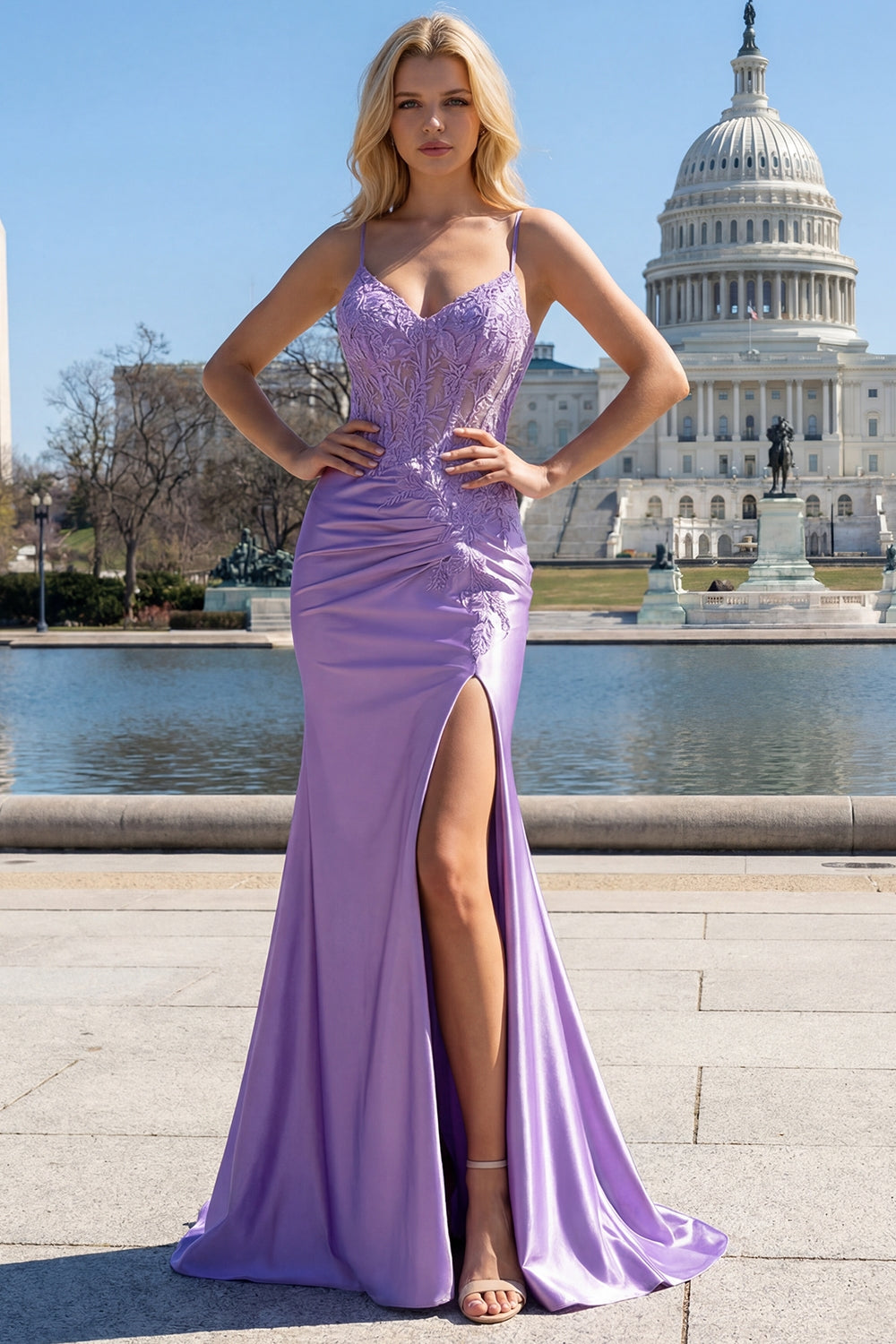 Lilac Mermaid Spaghetti Straps Long Prom Dress with Appliques