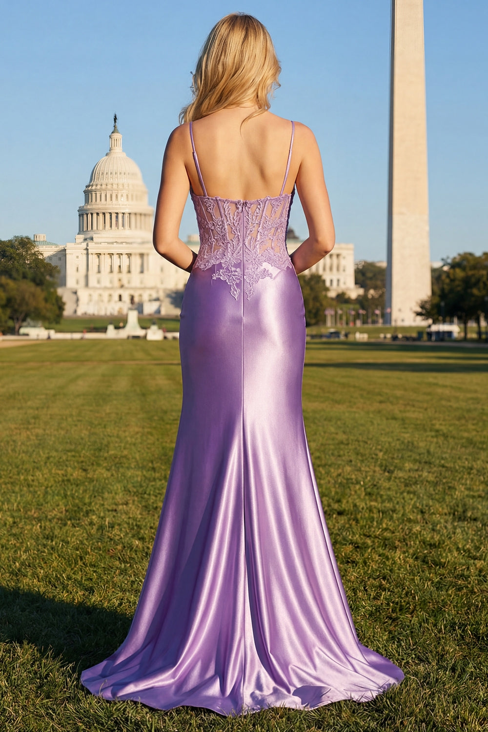 Lilac Mermaid Spaghetti Straps Long Prom Dress with Appliques
