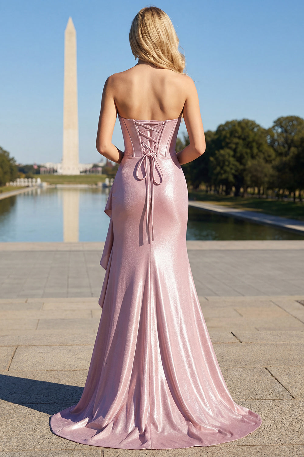 Sparkly Champagne Mermaid Strapless Ruffle Corset Satin Long Prom Dress with Slit