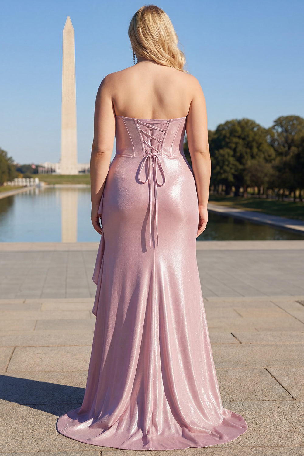 Sparkly Champagne Mermaid Strapless Ruffle Corset Satin Long Prom Dress with Slit
