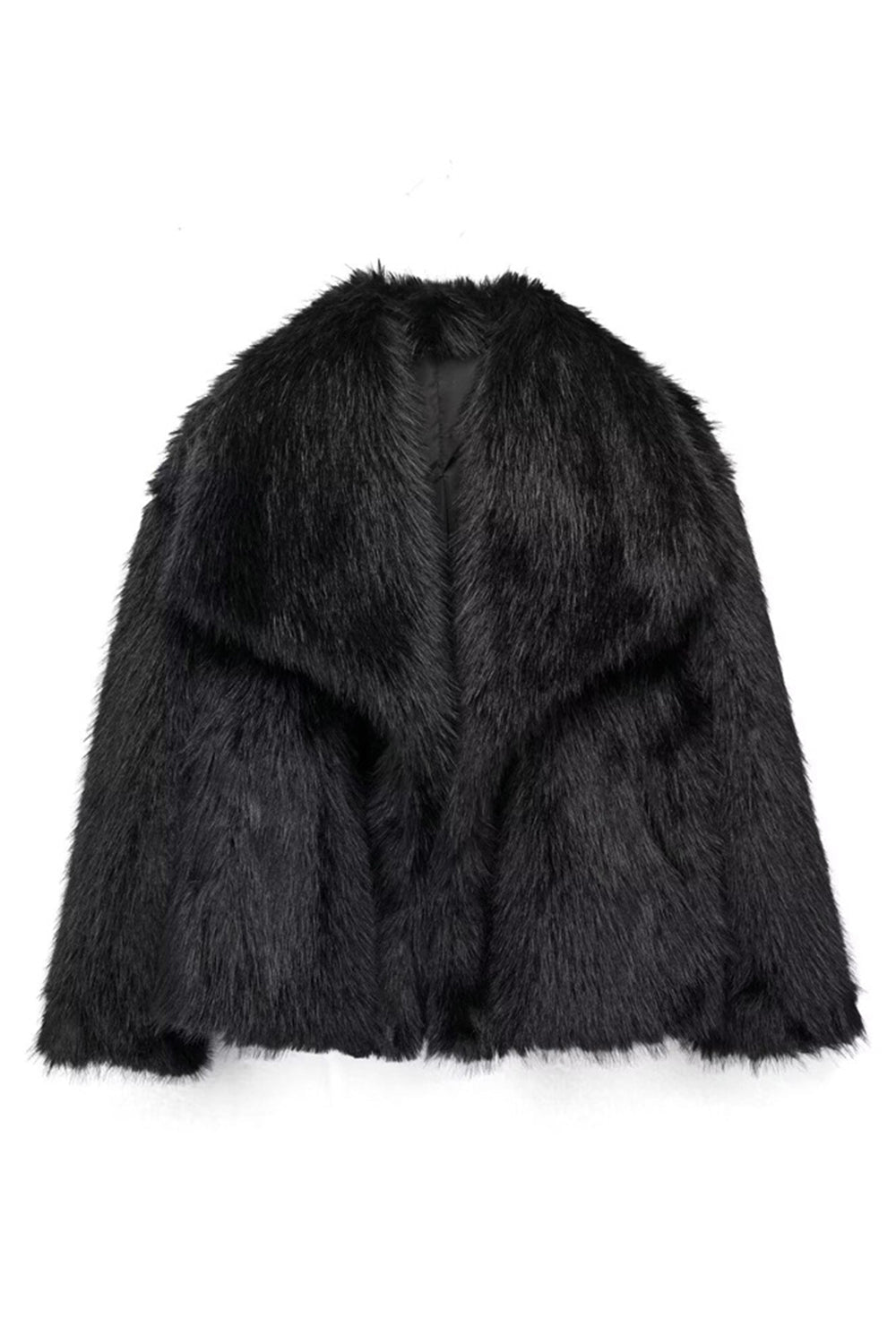 Manteau d'hiver en fausse fourrure noire duveteuse à revers.