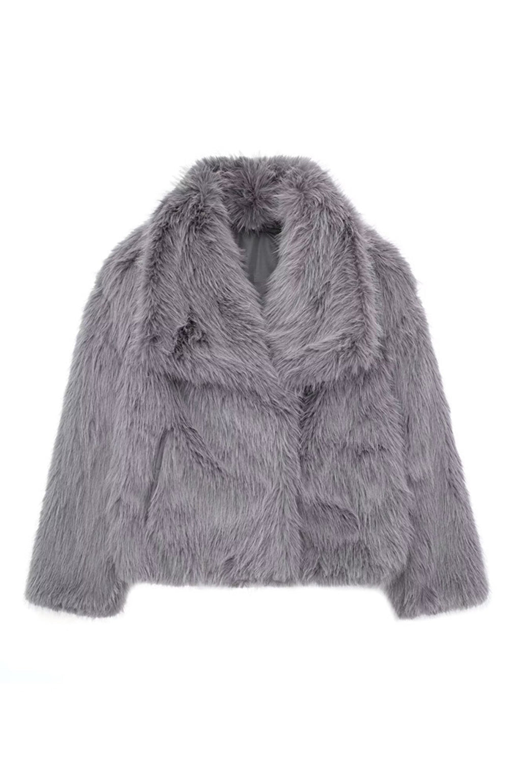 Manteau d'hiver en fausse fourrure noire duveteuse à revers.