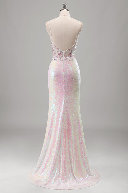 Robe de bal longue sirène rose scintillante avec bretelles spaghetti, corsage fleuri, sequins et fente