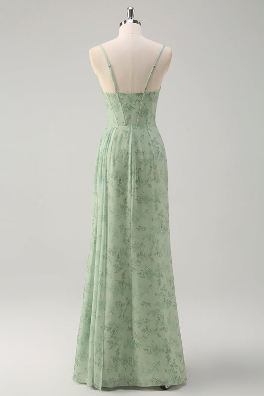 Robe de bal longue sirène corset floral froncé vert sauge poussiéreux avec fente