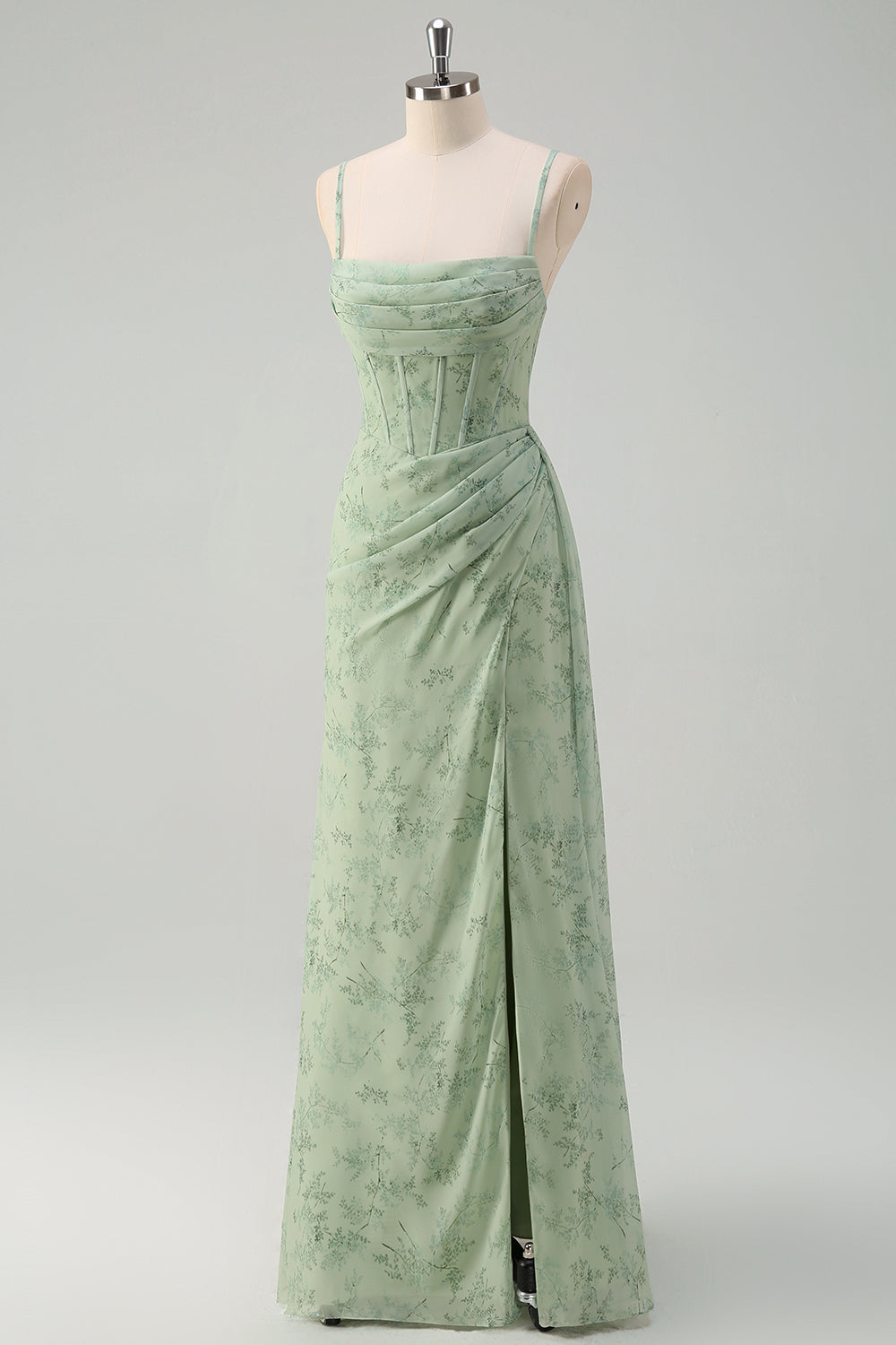 Robe de bal longue sirène corset floral froncé vert sauge poussiéreux avec fente