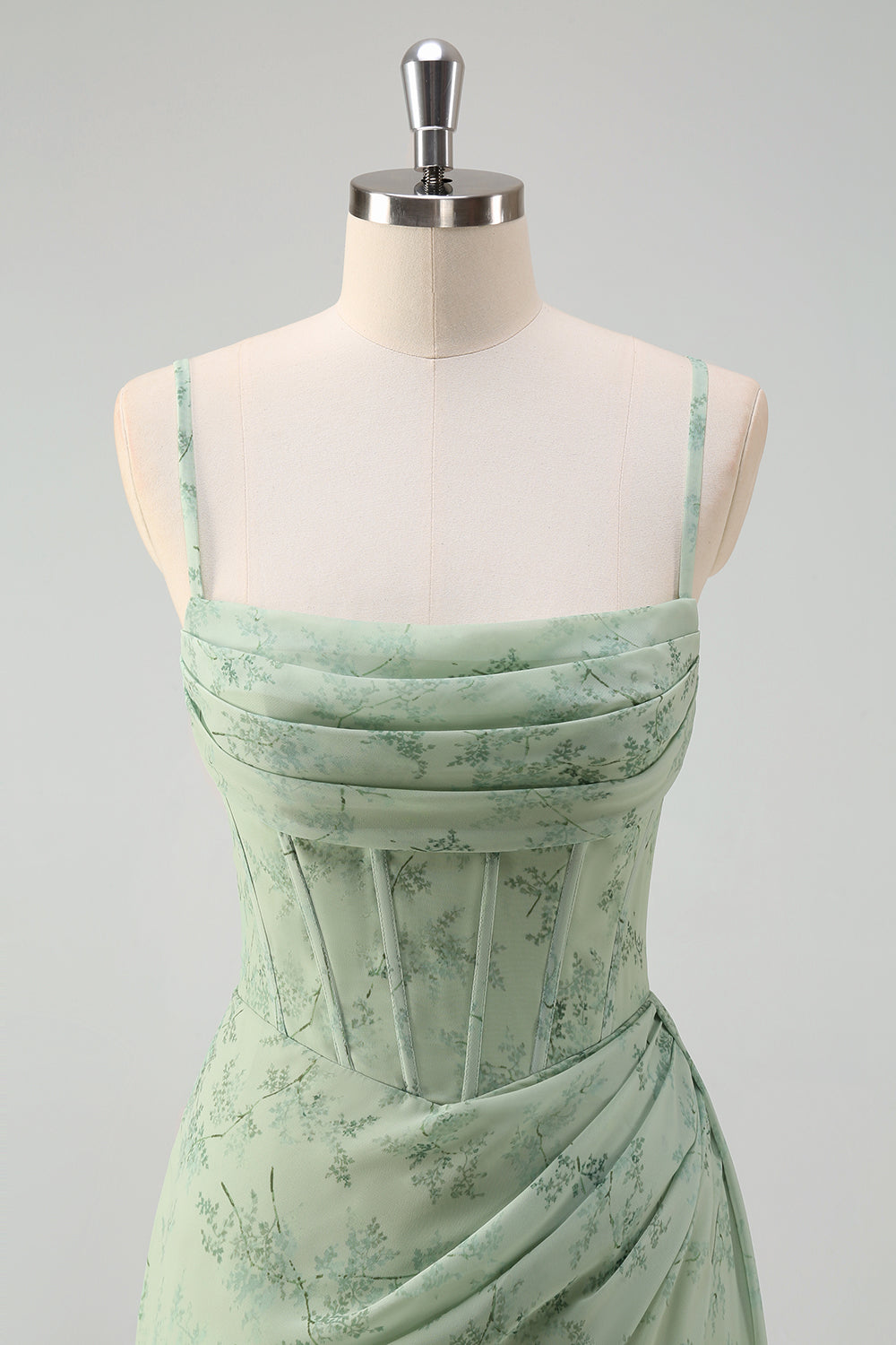 Robe de bal longue sirène corset floral froncé vert sauge poussiéreux avec fente