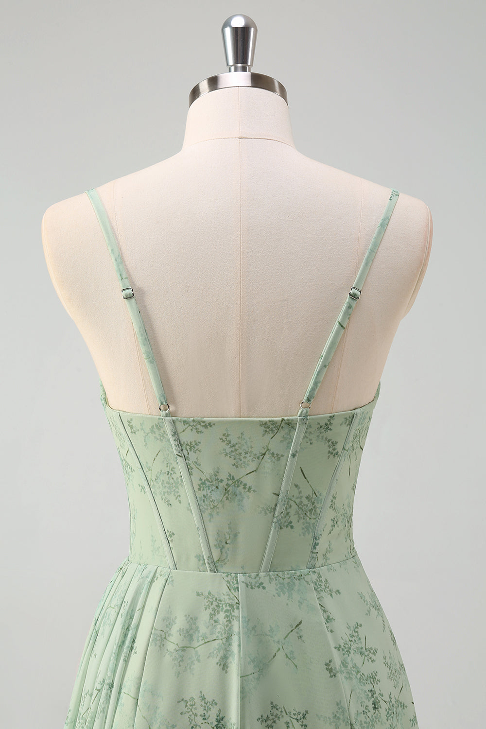 Robe de bal longue sirène corset floral froncé vert sauge poussiéreux avec fente