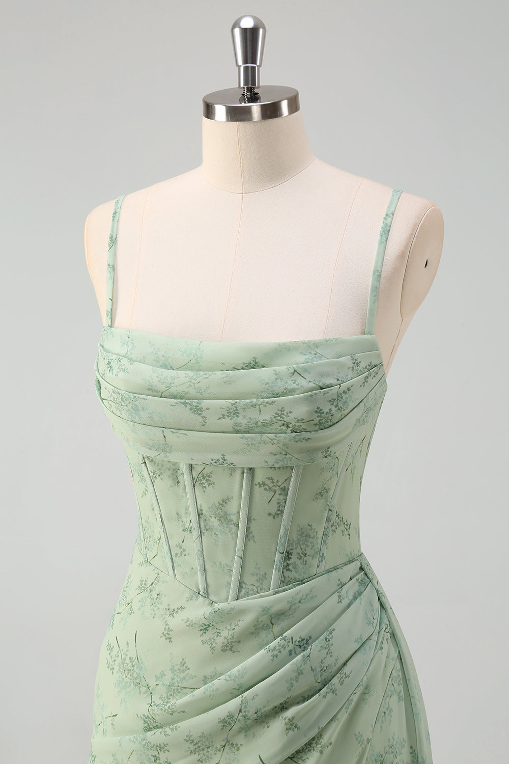 Robe de bal longue sirène corset floral froncé vert sauge poussiéreux avec fente