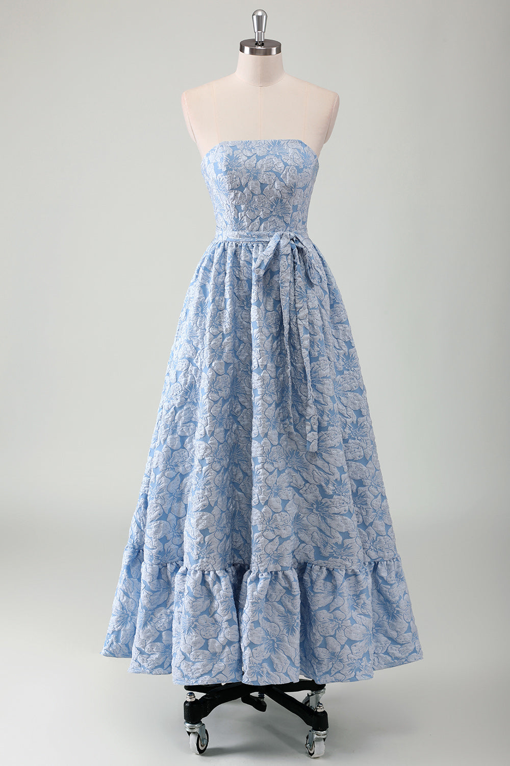 Robe de bal longue évasée bustier bleue avec ceinture