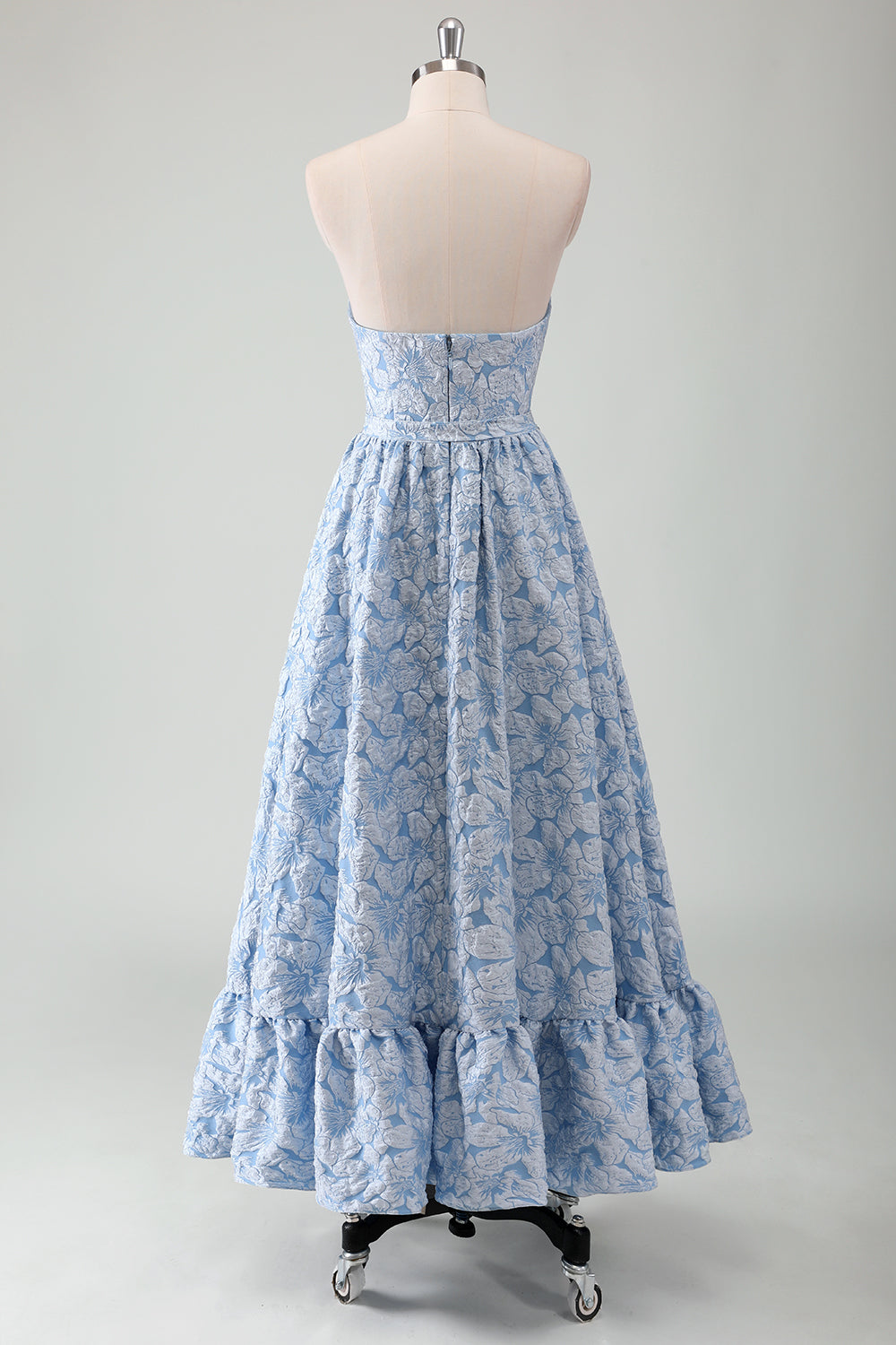 Robe de bal longue évasée bustier bleue avec ceinture