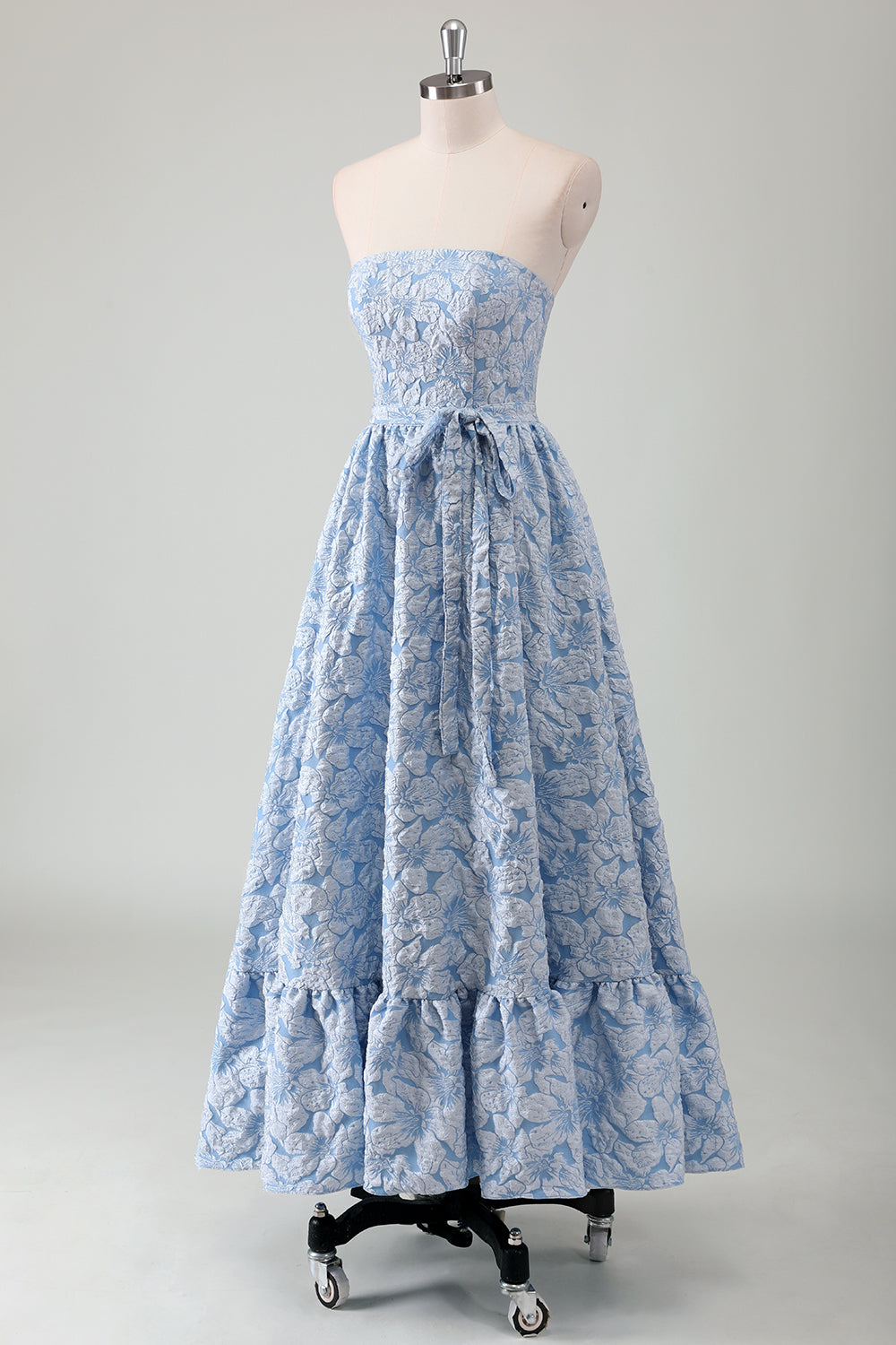 Robe de bal longue évasée bustier bleue avec ceinture