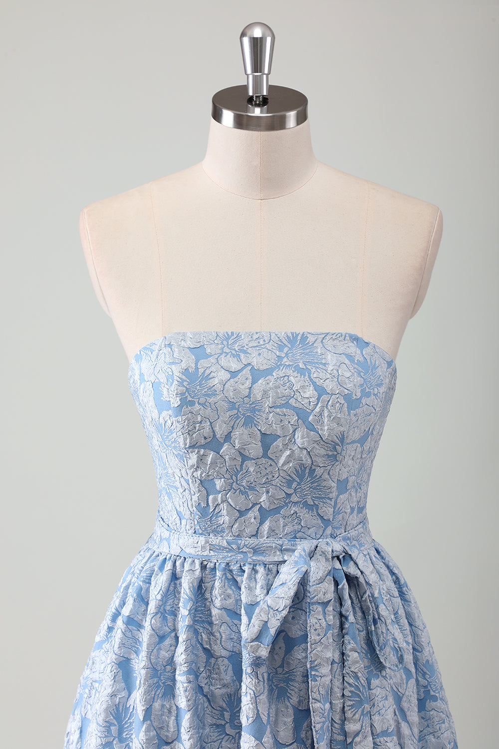 Robe de bal longue évasée bustier bleue avec ceinture