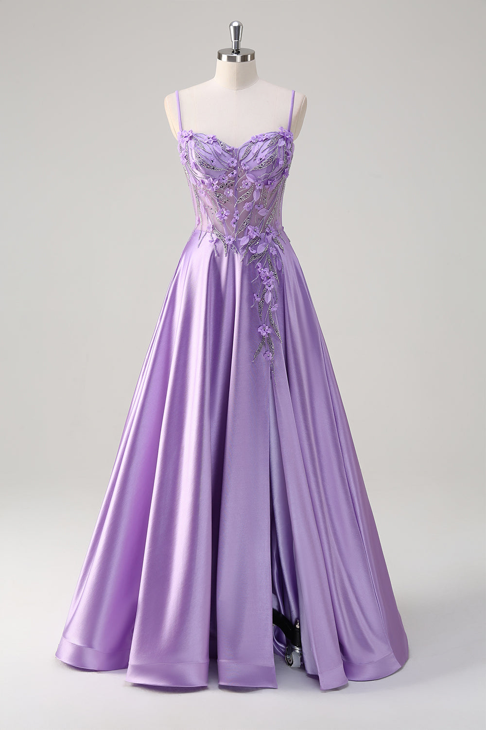 Purple Satin A Line Spaghetti Straps Floral Long Corset Prom Dress with Slit