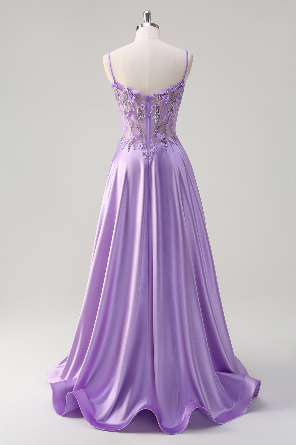 Purple Satin A Line Spaghetti Straps Floral Long Corset Prom Dress with Slit