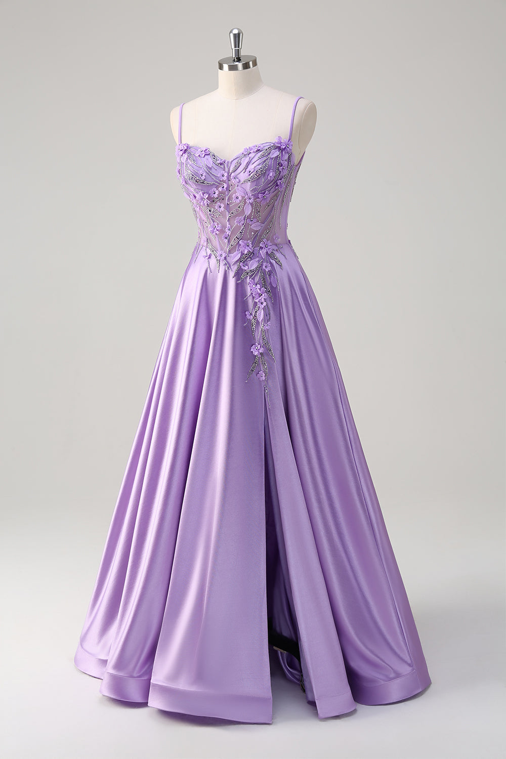 Purple Satin A Line Spaghetti Straps Floral Long Corset Prom Dress with Slit