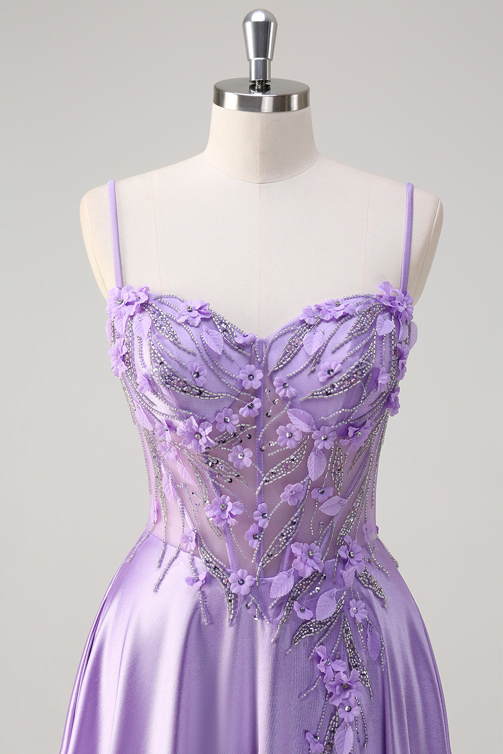 Purple Satin A Line Spaghetti Straps Floral Long Corset Prom Dress with Slit