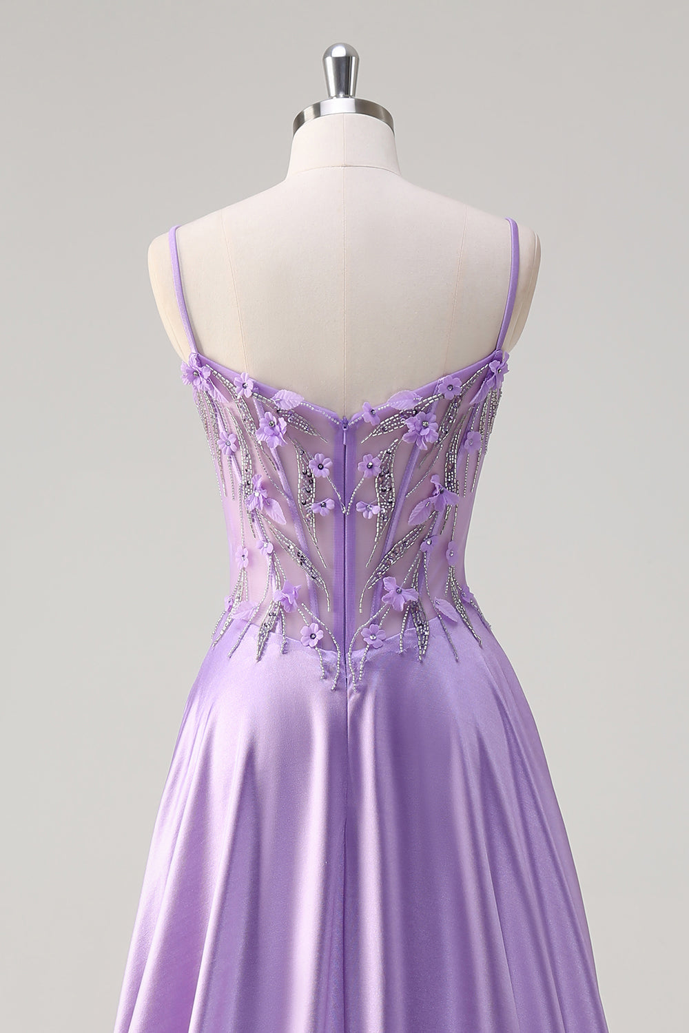 Purple Satin A Line Spaghetti Straps Floral Long Corset Prom Dress with Slit