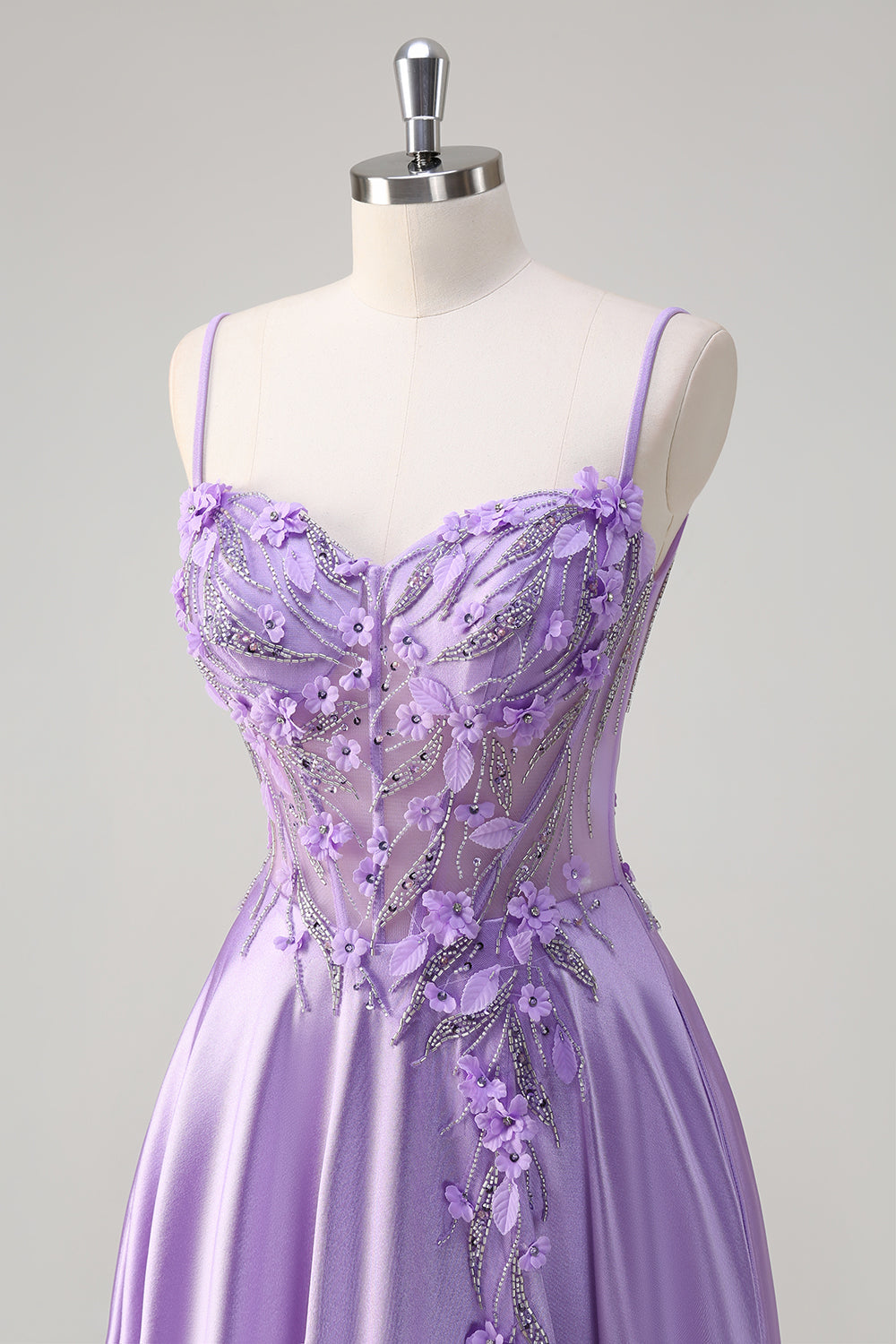 Purple Satin A Line Spaghetti Straps Floral Long Corset Prom Dress with Slit