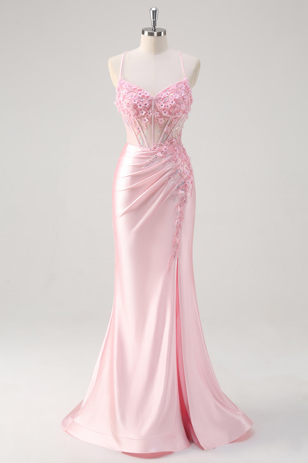 Pink Satin Mermaid Floral Corset Spaghetti Straps Long Prom Dress with Slit