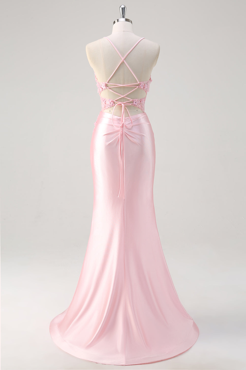 Pink Satin Mermaid Floral Corset Spaghetti Straps Long Prom Dress with Slit