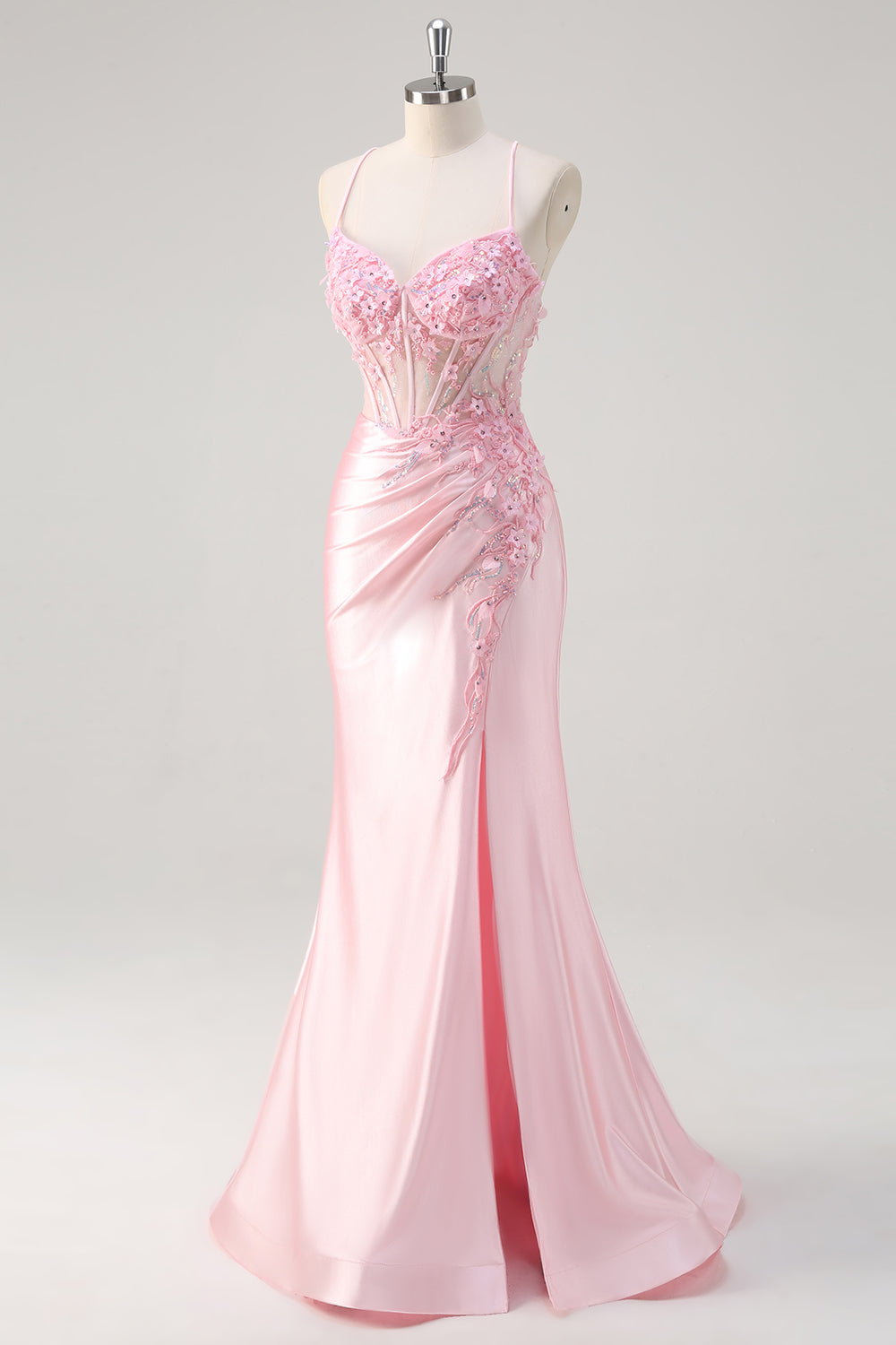 Pink Satin Mermaid Floral Corset Spaghetti Straps Long Prom Dress with Slit