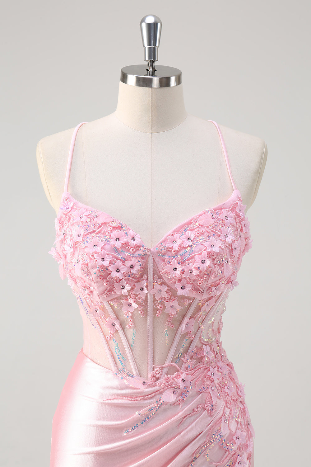 Pink Satin Mermaid Floral Corset Spaghetti Straps Long Prom Dress with Slit