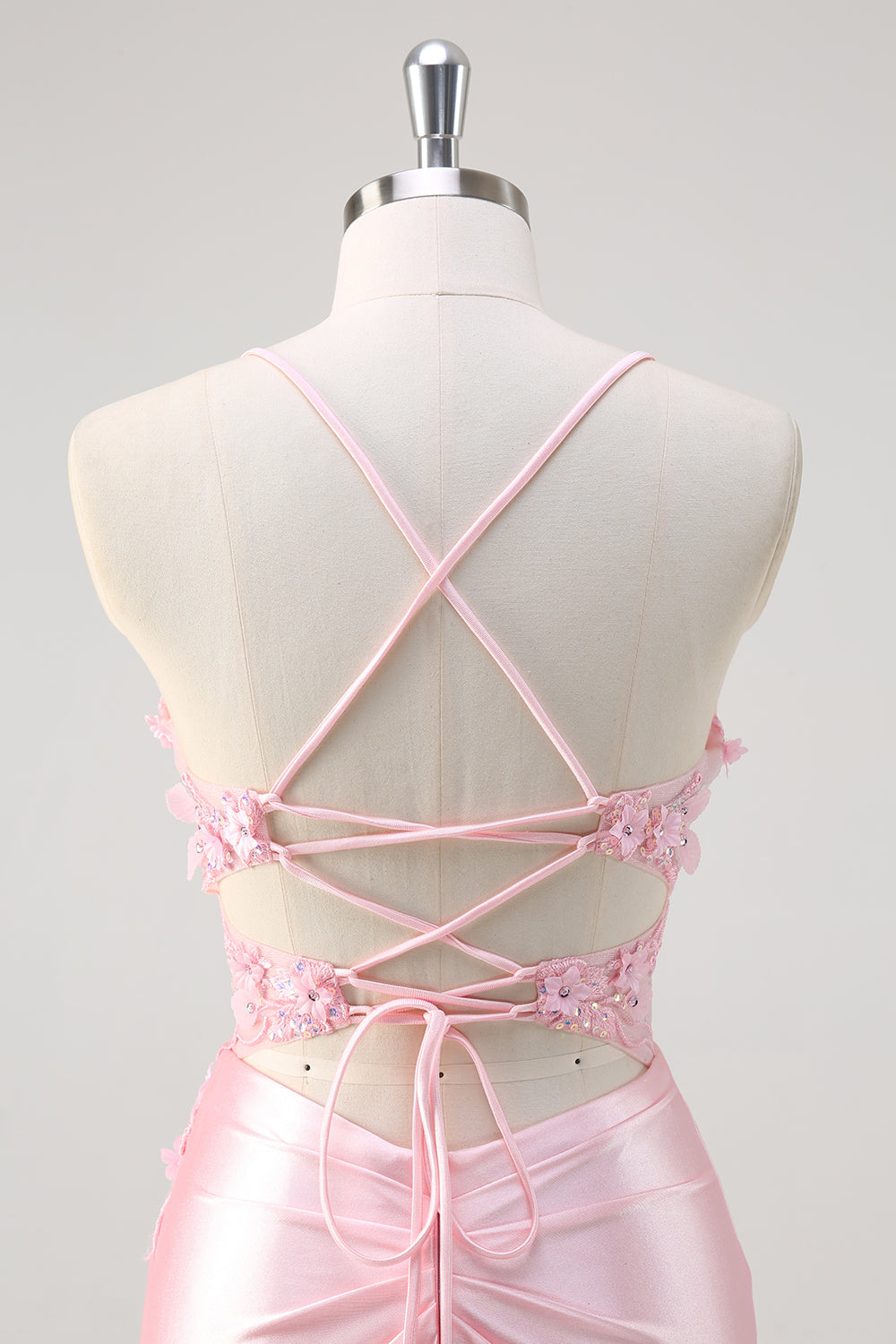 Pink Mermaid Spaghetti Straps Corset Floral Plus Size Prom Dress with Slit