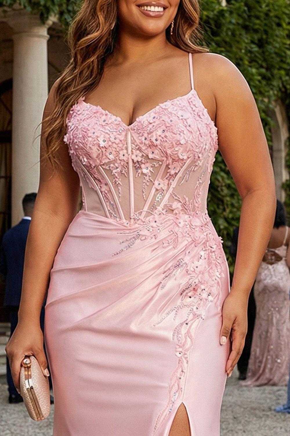 Pink Mermaid Spaghetti Straps Corset Floral Plus Size Prom Dress with Slit
