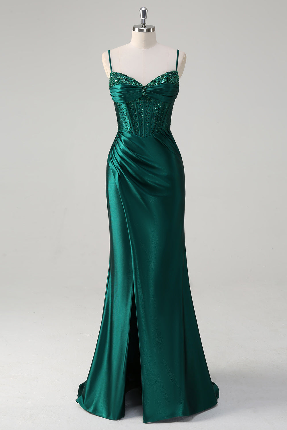 Dark Green Shimmering Mermaid Long Prom Dress with Corset, Beads, and Slit