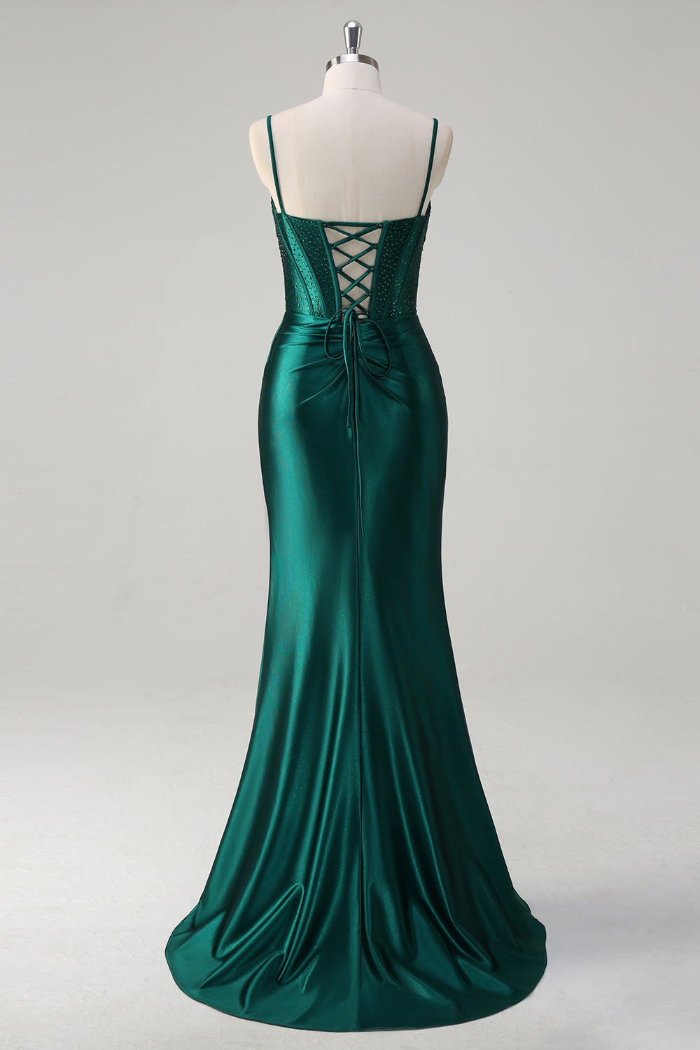 Dark Green Shimmering Mermaid Long Prom Dress with Corset, Beads, and Slit