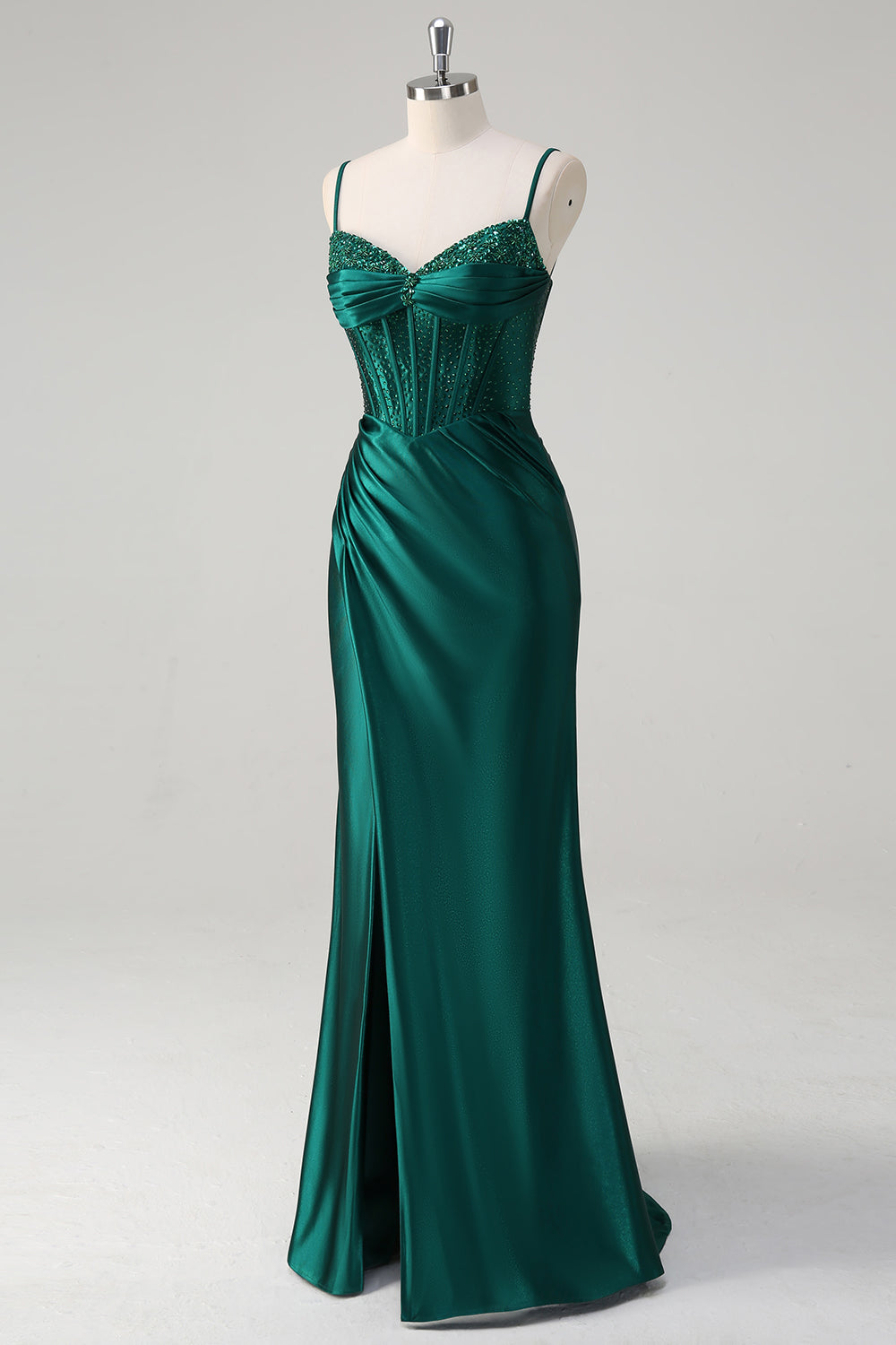 Dark Green Shimmering Mermaid Long Prom Dress with Corset, Beads, and Slit