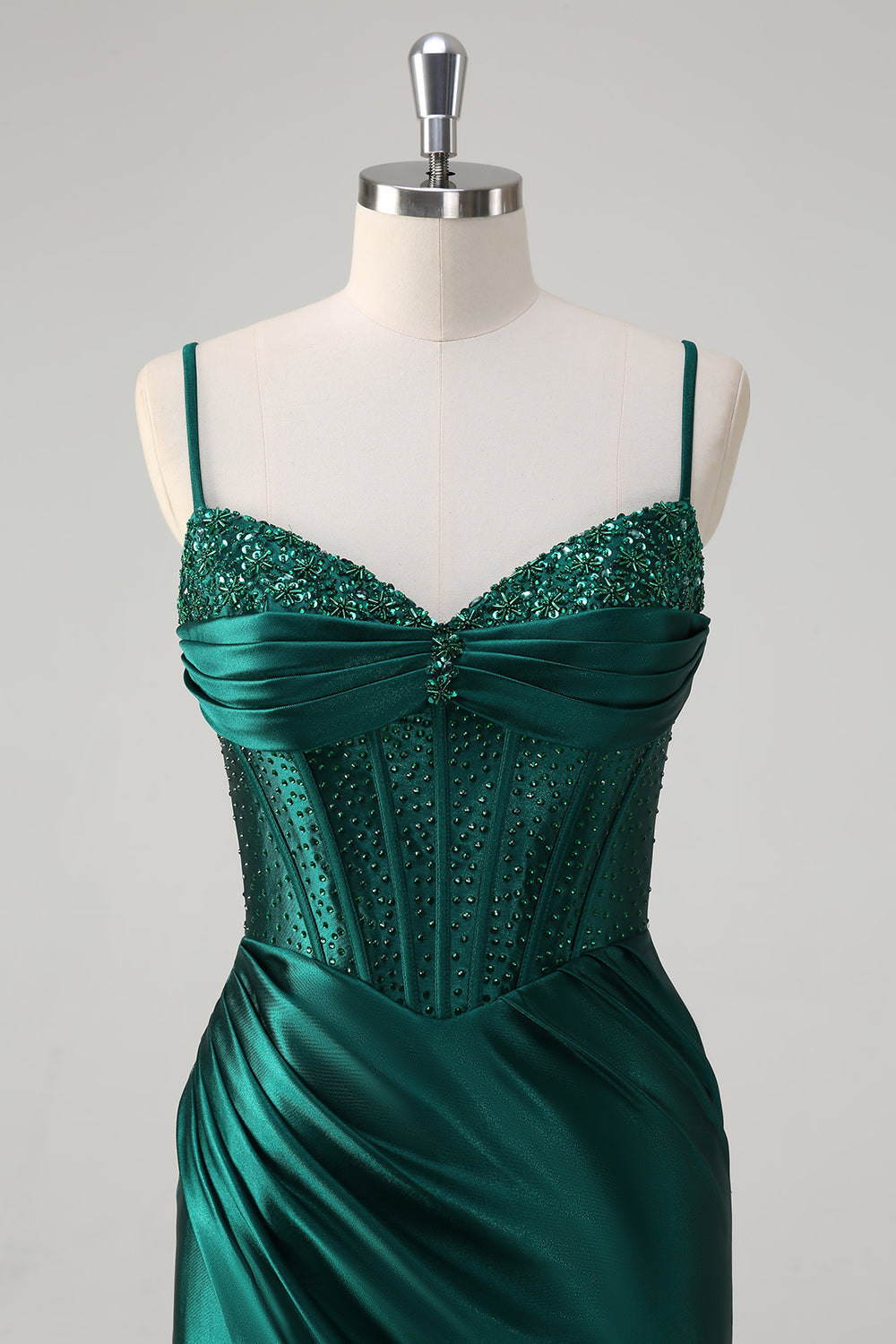 Dark Green Shimmering Mermaid Long Prom Dress with Corset, Beads, and Slit